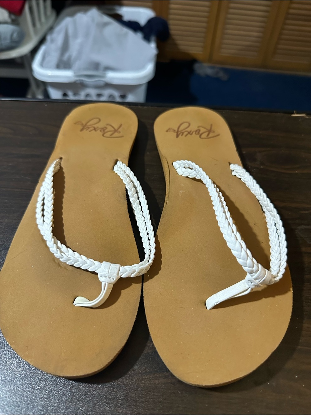 Roxy White Braided-Strap Tan Footbed Sandals